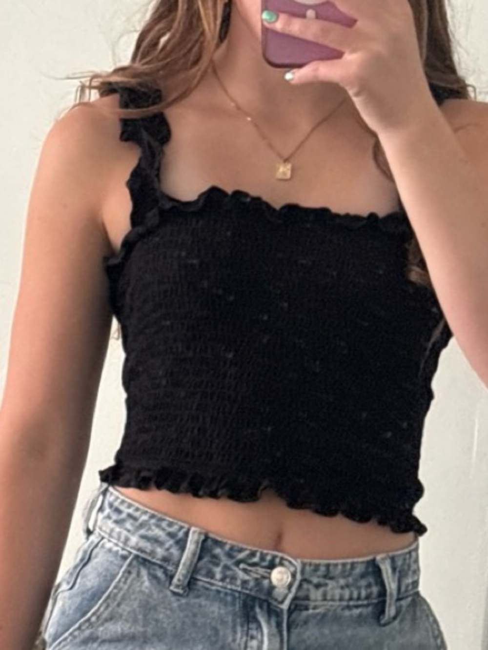 Black Smocked Ruffle-Trim Tank Top - Women